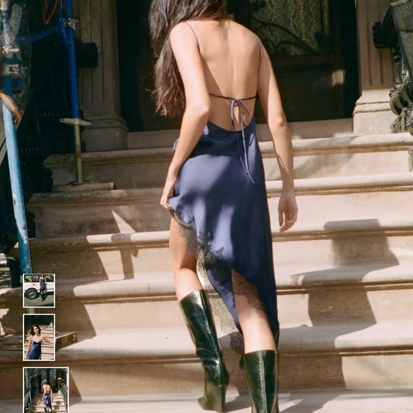 Zara Navy Asymmetrical Dress with Lace Detail - Picture 3 of 10